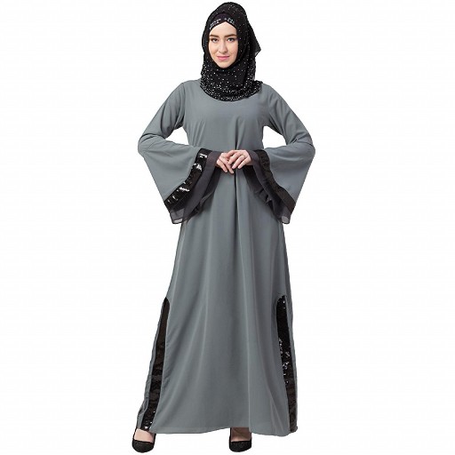 A-line abaya with Black sequins work- Grey